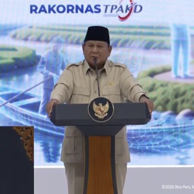 Presiden Republik Indonesia, Prabowo Subianto saat berpidato dalam Rakornas TPAKD 2026 di Jakarta, Kamis, 22 Oktober 2026. [Foto: YouTube Setpres]